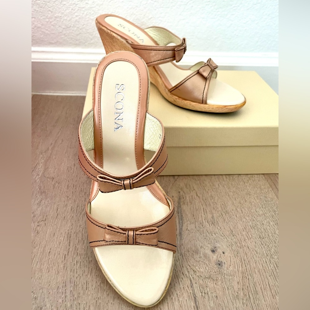 Cute two ribbons Wedge Sandals 3 inch high hell size 6.5 Rose pink.
